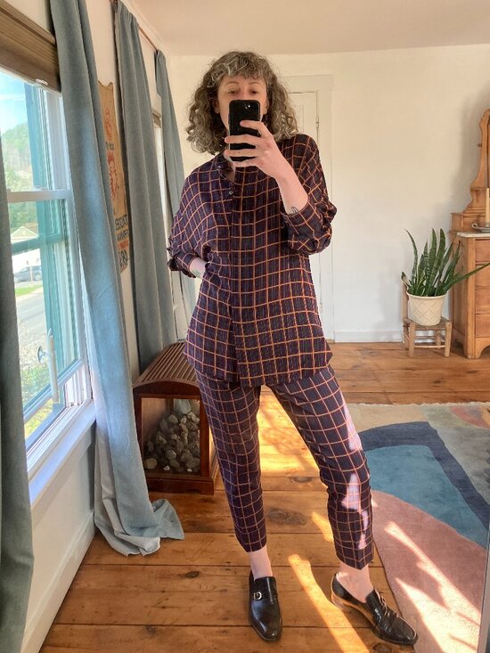 Theory Pants - NWT Theory plaid matching purple long sleeve blouse and cropped trouser set, L
